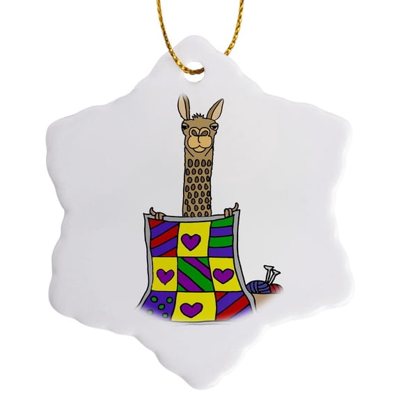 3drose, Funny Cute Llama Quilter Creating Quilt Quilting Cartoon, 3 inch Snowflake Porcelain Ornament
