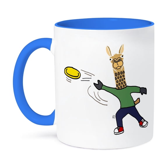 3dRose, Funny Cute Llama Throwing Frisbee Cartoon, 15oz Two-Tone Blue Mug