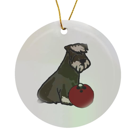 3drose, Funny Cute Miniature Schnauzer Dog Bowling Cartoon, Circle Porcelain Ornament