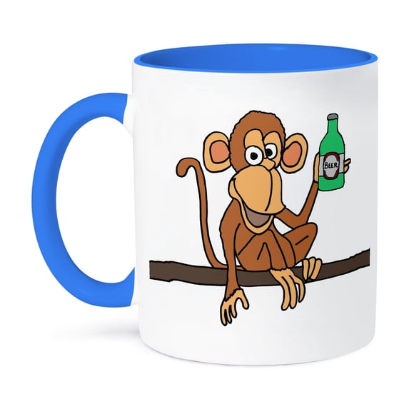 3dRose, Funny Cute Monkey Drinking Beer Cartoon, 15oz Two-Tone Blue Mug