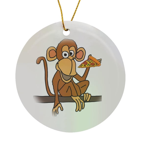 3drose, Funny Cute Monkey Eating Slice of Pizza Cartoon, Circle Porcelain Ornament
