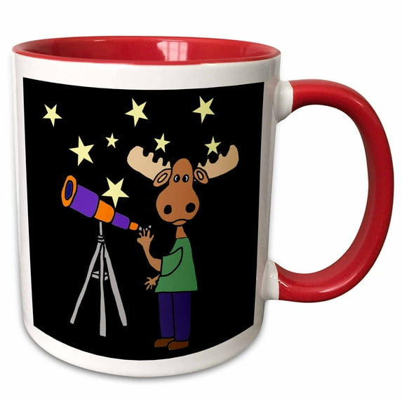 3drose, Funny Cute Moose Astronomer Using Telescope and Stars Cartoon, 11oz Two-tone Red Mug