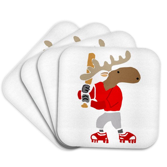 3drose, Funny Cute Moose Batter Playing Baseball Sports, Set of 4 Coasters - Soft