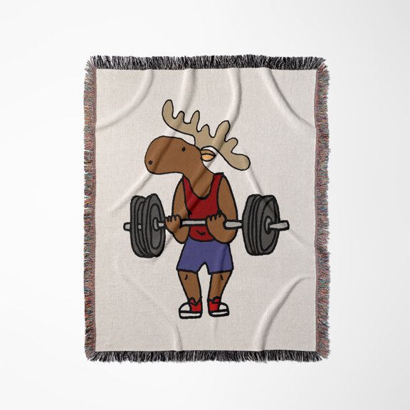 Funny Cute Moose Bodybuilder Lifting Weights Cartoon, Woven Blanket