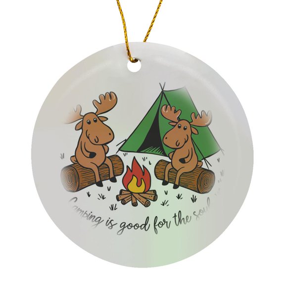 3drose, Funny Cute Moose Camping and Hiking Nature Cartoon, Circle Porcelain Ornament