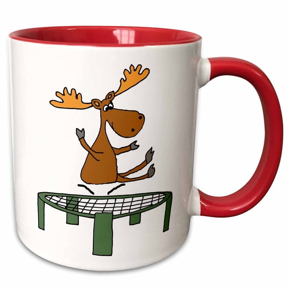3drose, Funny Cute Moose Jumping on Trampoline Cartoon, 11oz Two-tone Red Mug