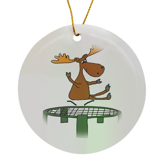 3drose, Funny Cute Moose Jumping on Trampoline Cartoon, Circle Porcelain Ornament