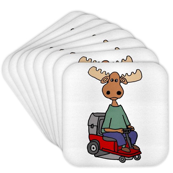 3drose, Funny Cute Moose on Riding Lawn Mower Mowing Cartoon, Set of 8 Coasters - Soft