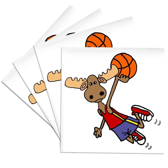 3drose, Funny Cute Moose Playing Basketball Slam Dunk Sports Cartoon, Set of 4 Ceramic Tile Coasters