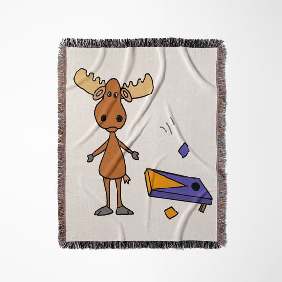 Funny Cute Moose Playing Cornhole Game Sports Cartoon, Woven Blanket