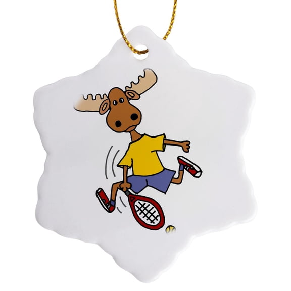 3drose, Funny Cute Moose Playing Tennis Sports Cartoon, 3 inch Snowflake Porcelain Ornament