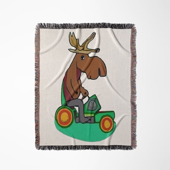 Funny Cute Moose Riding Lawn Mower Cutting Grass, Woven Blanket