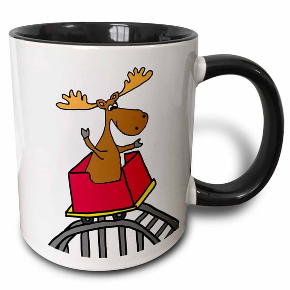 3drose, Funny Cute Moose Riding Roller Coaster Cartoon, 15oz Two-tone Black Mug