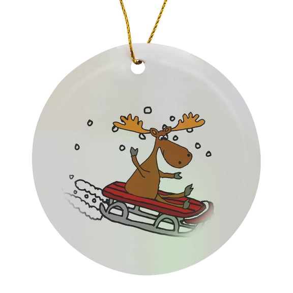 3drose, Funny Cute Moose Sledding Cartoon, Circle Porcelain Ornament