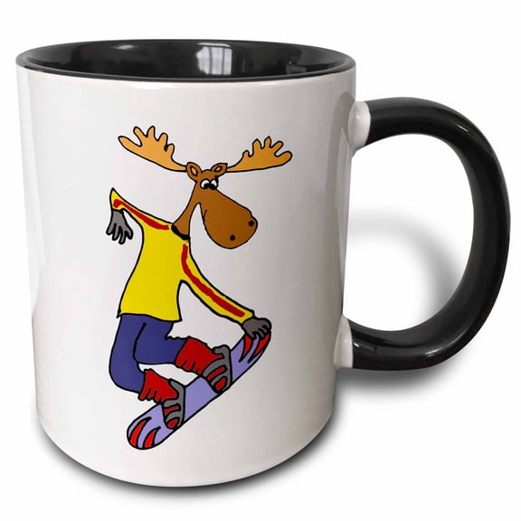 3drose, Funny Cute Moose Snowboarding Cartoon, 11oz Two-tone Black Mug