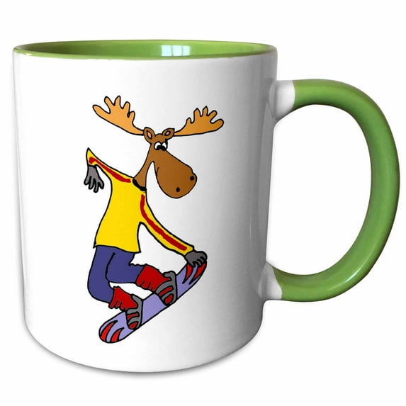 3drose, Funny Cute Moose Snowboarding Cartoon, 15oz Two-tone Green Mug