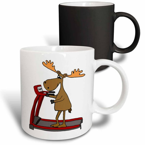 3drose, Funny Cute Moose Using Treadmill Exercise Cartoon, 11oz Magic Transforming Mug