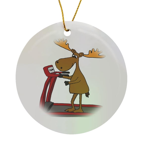 3drose, Funny Cute Moose Using Treadmill Exercise Cartoon, Circle Porcelain Ornament