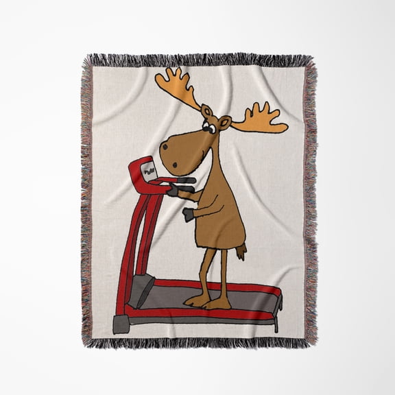 Funny Cute Moose Using Treadmill Exercise Cartoon, Woven Blanket