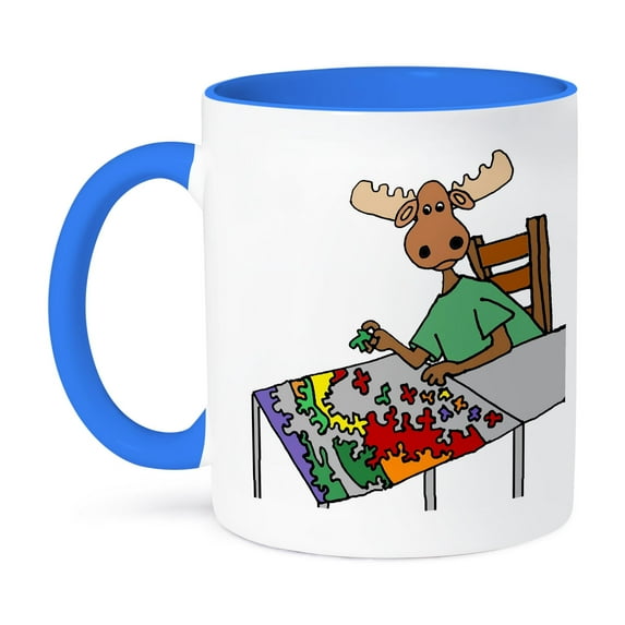 3dRose, Funny Cute Moose doing Jigsaw Puzzle Cartoon, 11oz Two-Tone Blue Mug