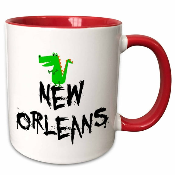 3drose, Funny Cute New Orleans Alligator Cartoon, 15oz Two-tone Red Mug