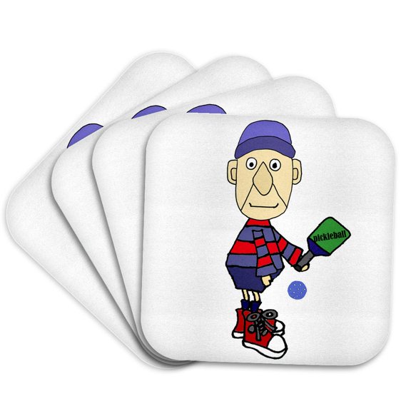 3drose, Funny Cute Old Man Playing Pickleball Sports Cartoon Retirement, Set of 4 Coasters - Soft