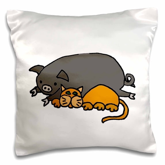 3dRose, Funny Cute Orange Cat Sleeping Next to Grey Pot-Belied Pig, 16x16 inch Pillow Case