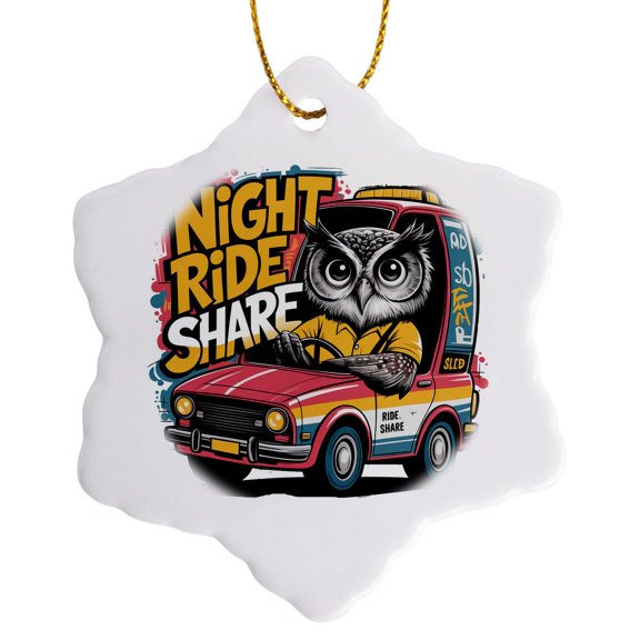 3drose, Funny Cute Owl Driving Night Ride Share Satire Graffiti Abstract Bird, 3 inch Snowflake Porcelain Ornament