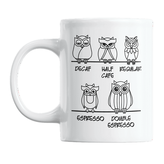 Funny Cute Owl Print White Ceramic Coffee & Tea Mug for Lovers of Owls (11oz)
