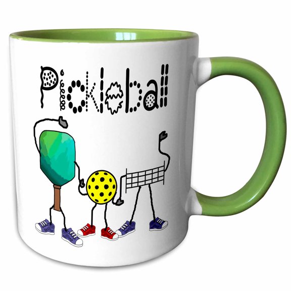 3drose, Funny Cute Paddle, Net, and Ball Playing Pickleball Sports Cartoon, 15oz Two-tone Green Mug