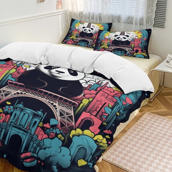 Funny Cute Panda 3 Pieces Duvet Cover with Zipper Closure,Premium Polyester Lightweight Bedding Set