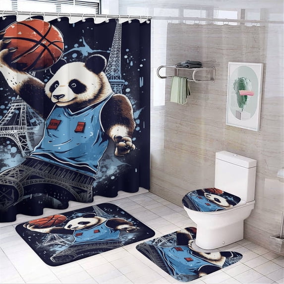 Funny Cute Panda 4 Piece Shower Curtain Sets, Non-Slip Rugs, Toilet Lid Cover And Bath Mat, for Bathroom Decor Set, 72" X 72"