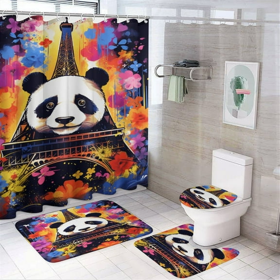 Funny Cute Panda 4 Piece Shower Curtain Sets, Non-Slip Rugs, Toilet Lid Cover And Bath Mat, for Bathroom Decor Set, 72" X 72"