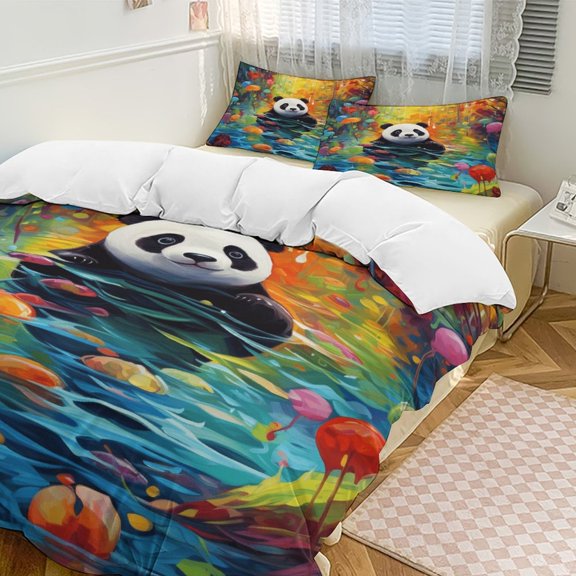 Funny Cute Panda Duvet Cover Set Pattern Soft Bedding Set Comforter Cover Set(1 Duvet Cover + 2 Pillowcases)