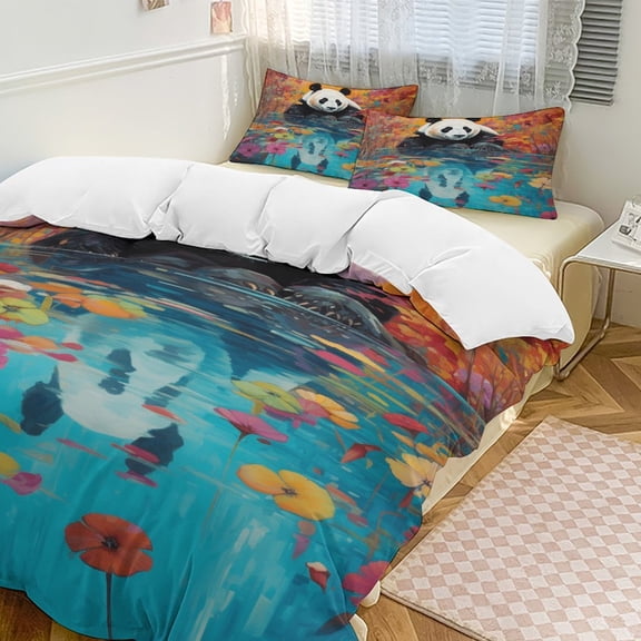 Funny Cute Panda Duvet Cover Set Pattern Soft Bedding Set Comforter Cover Set(1 Duvet Cover + 2 Pillowcases)