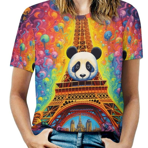 Funny Cute Panda Women's Short Sleeve T-Shirt Crew Neck Casual Summer Trendy Loose Fit Tops