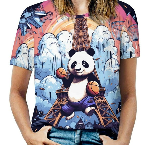 Funny Cute Panda Women's Short Sleeve T-Shirt Crew Neck Casual Summer Trendy Loose Fit Tops