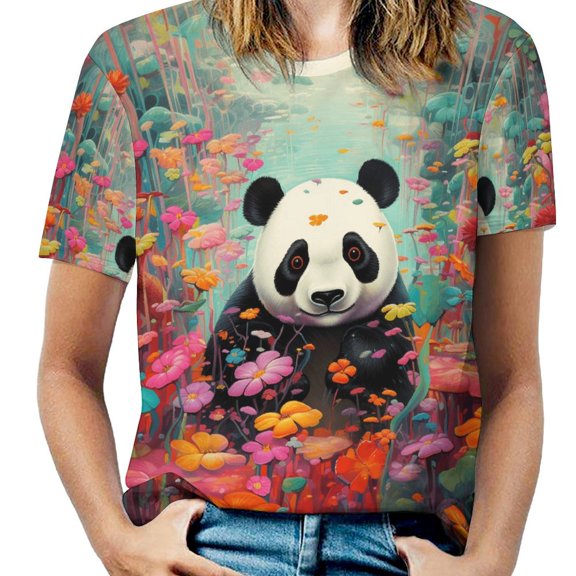 Funny Cute Panda Women's Short Sleeve T-Shirt Crew Neck Casual Summer Trendy Loose Fit Tops