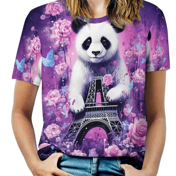 Funny Cute Panda Womens Tops Women's Fashion Casual Short Sleeve Flower Print Round Neck Pullover Top Blouse