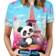 thumbnail image 1 of Funny Cute Panda Womens Tops Women's Fashion Casual Short Sleeve Flower Print Round Neck Pullover Top Blouse, 1 of 6