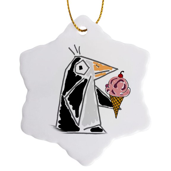 3drose, Funny Cute Penguin Bird Eating Ice Cream Cone Primitive Art, 3 inch Snowflake Porcelain Ornament