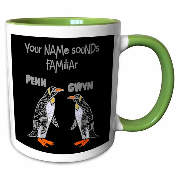 3drose, Funny Cute Penguins Penn and Gwyn Name Pun Cartoon, 11oz Two-tone Green Mug