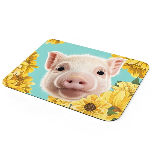 Funny Cute Pig Dish Drying Mat for Kitchen Counter, Farm Yellow Sunflowers Teal Pastoral Super Absorbent Draining Mat Rubber Backing Dish Rack Pad for Dishes, Coffee Bar, Sinks, 12"x16"