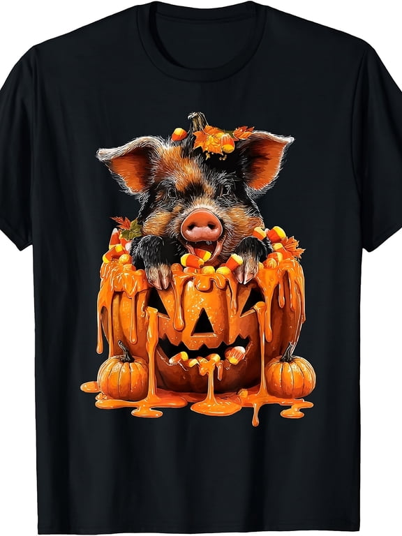 Funny Cute Pig Dripping Pumpkin Candy Corn Halloween Animal Graphic Tee for Men Women, Cute Spooky Fall Short Sleeve T-Shirt, Casual Crew Neck Top for Halloween Gift