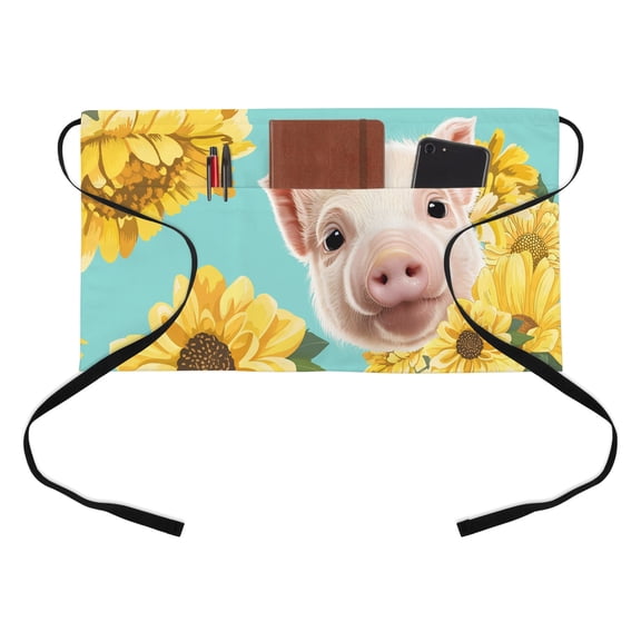 Funny Cute Pig Kitchen Restaurant Half Waist Apron, Farm Animal Yellow Sunflowers Teal Pastoral Server Short Apron with 3 Pockets Waterproof Oil Waist Aprons for Women Waitress Waiter