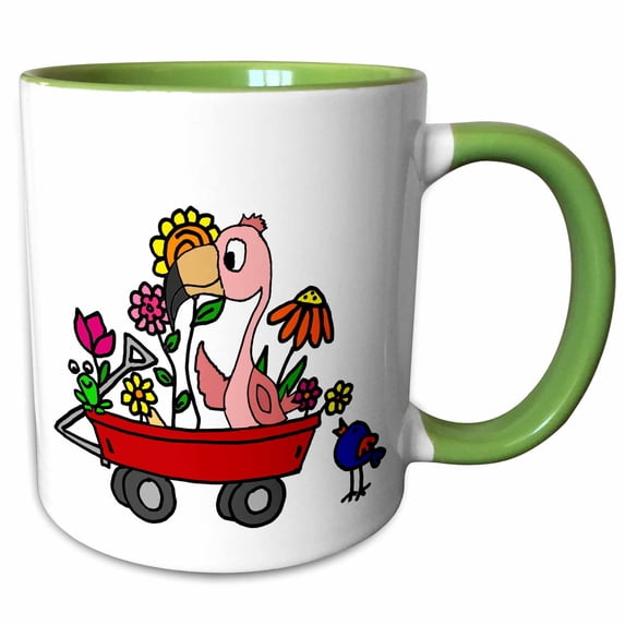 3drose, Funny Cute Pink Flamingo Bird in Red Wagon Full of Flowers Cartoon, 15oz Two-tone Green Mug