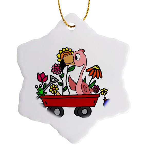 3drose, Funny Cute Pink Flamingo Bird in Red Wagon Full of Flowers Cartoon, 3 inch Snowflake Porcelain Ornament