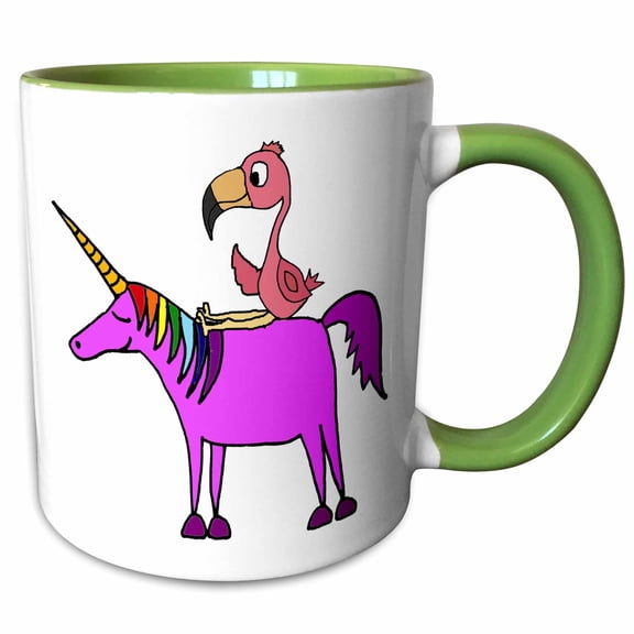 3drose, Funny Cute Pink Flamingo Riding Unicorn Cartoon, 11oz Two-tone Green Mug