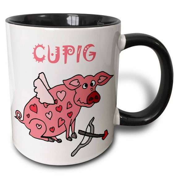 3drose, Funny Cute Pink Pig Cupig as Cupid with Arrows, 11oz Two-tone Black Mug
