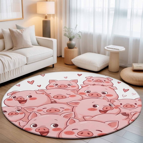 Funny Cute Pink Pig Hearts Round Rug 5ft Cartoon Animals Washable Area Rugs for Living Room Bedroom Entryway Non Slip Entrance Door Mat Indoor Floor Carpet